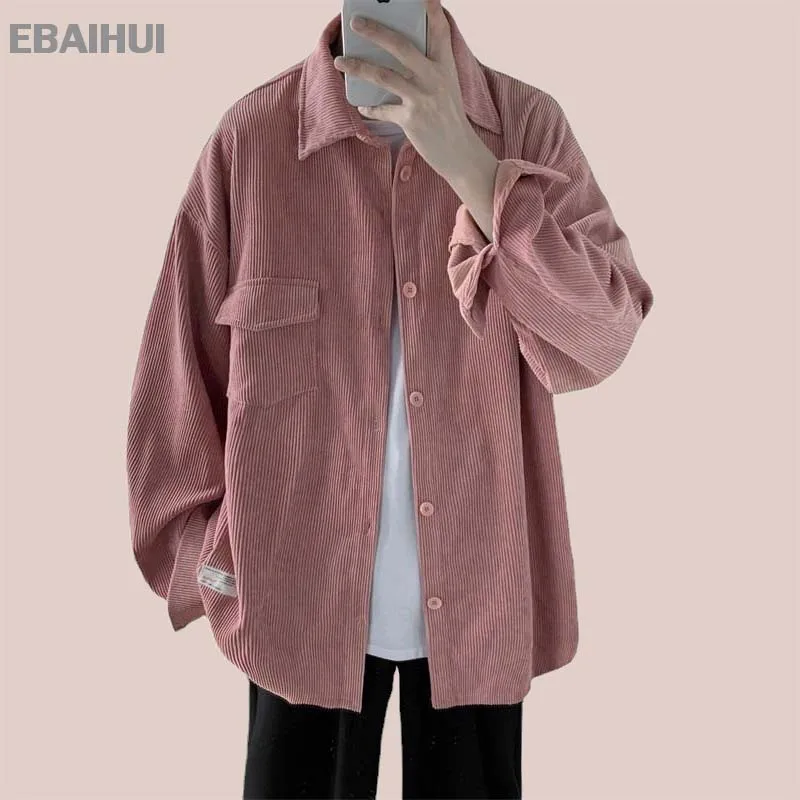 

EBAIHUI Men's Cotton Pink Shirt Corduroy Long Sleeve Lapel Shirts Pocket Solid Loose Daily Corduroy Tops Men Shirts 2023