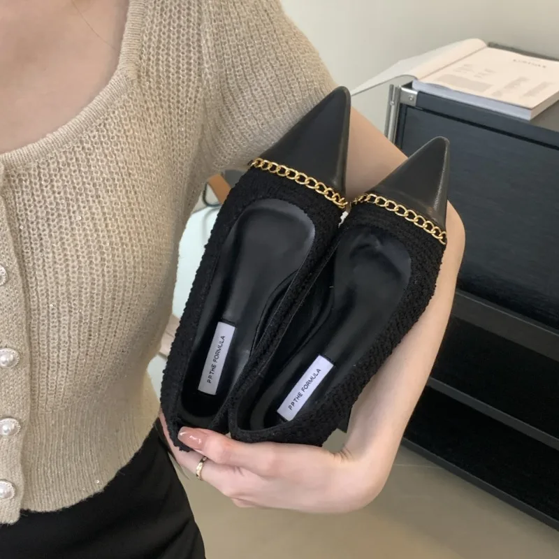 Fashion Metal Chain Decoration Low-heeled Shoes Women Elegant Pointed Toe Shallow Brand Designer Shoes Comfort Zapatos De Mujer 42 Sffabf15966874dedaeb559293b00687ba