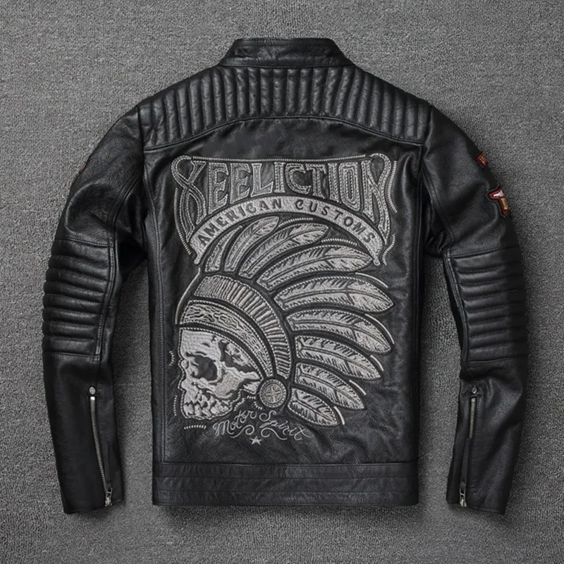 

Бесплатная доставка! Мужская кожаная куртка с вышивкой, черная мотоциклетная куртка из натуральной воловьей кожи, верхний слой