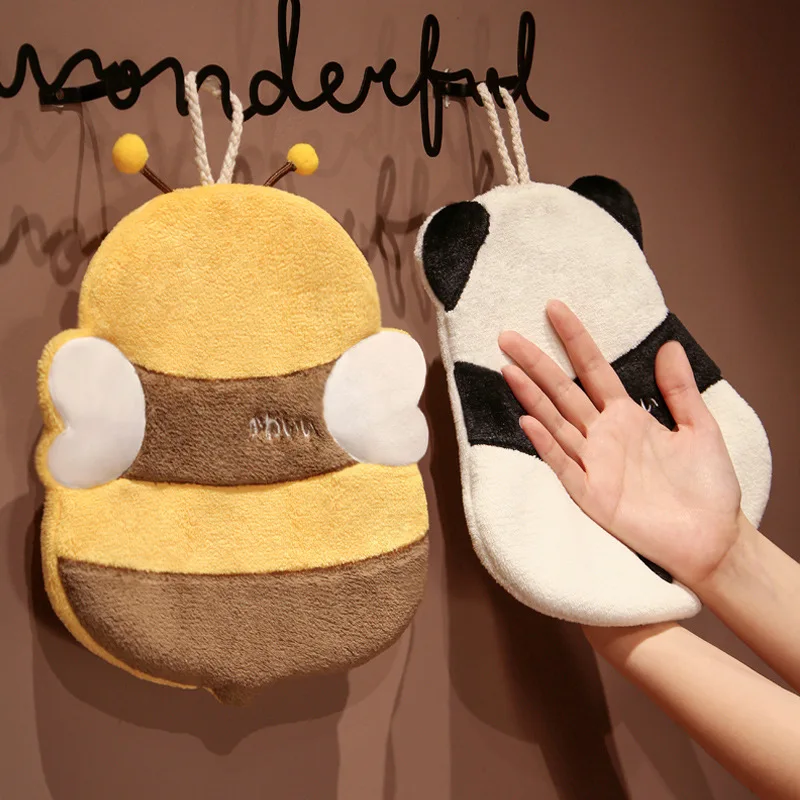 

Cartoon Panda Bee Shaped Hand Towels Thickened Soft Coral Velvet Super Absorbent Cute Handkerchief Kitchen Hanging Terry Towel