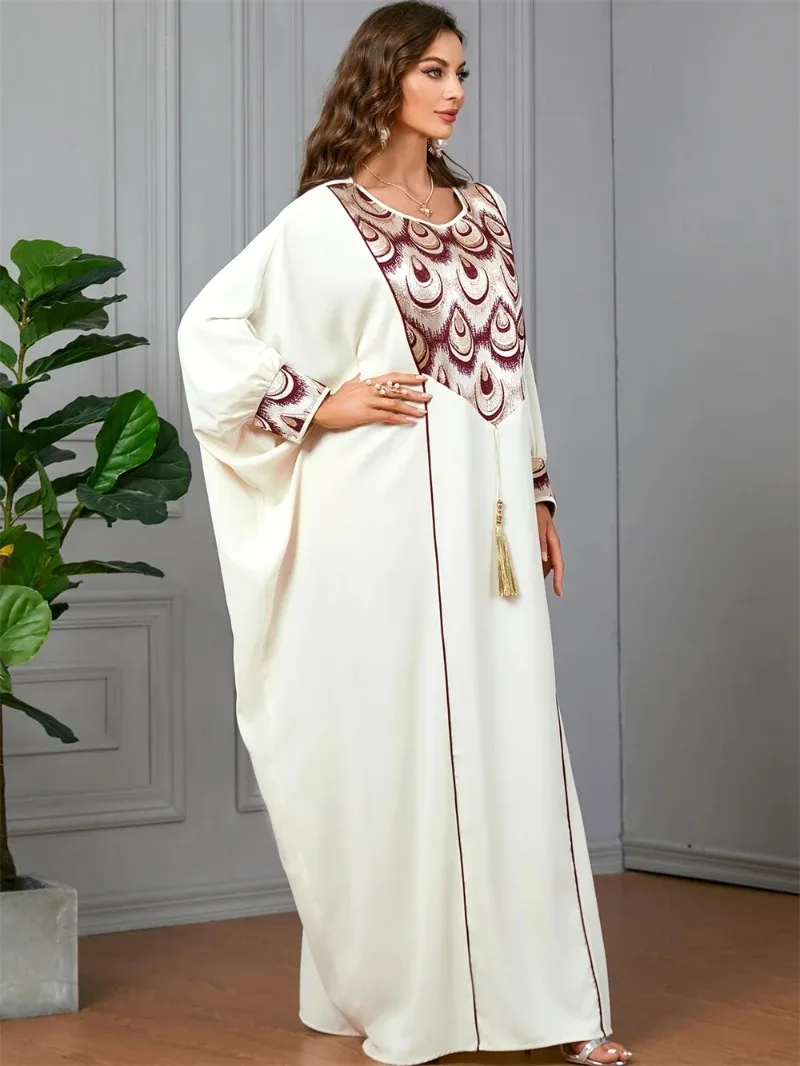 

Islam Eid Women Modest White Batwing Sleeve Jacquard Casual Dress Moroccan Saudi Women Abaya Turkish African Kaftan