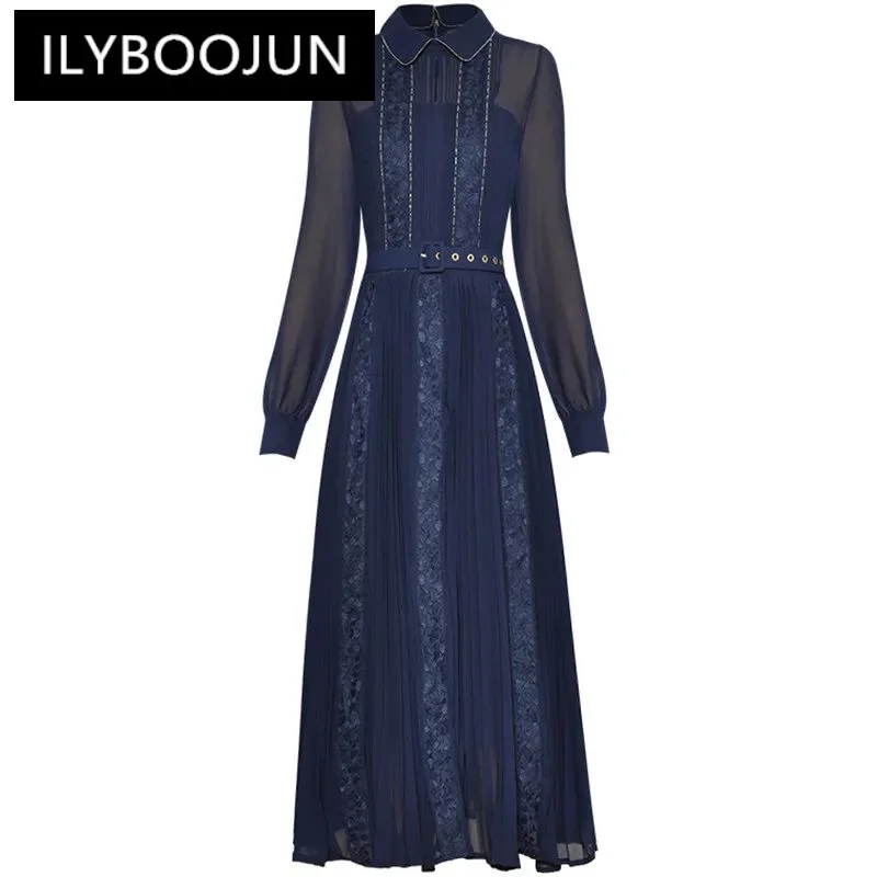 ILYBOOJUN Autumn Fashion Runway Dark Blue Vintage Pleated Dress Women's Lapel Sashes Gathered Waist Lace Spliced Slim Long Dress
ILYBOOJUN Autumn Fashion Runway Dark Blue Vintage Pleated Dress Women's Lapel Sashes Gathered Waist Lace Spliced Slim Long Dress