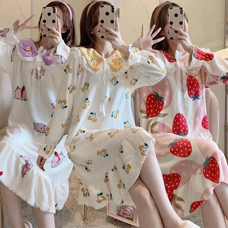 2023 Winter Long Sleeve Thick Warm Flannel Print Nightgowns Women Cute Lace Coral Velvet Sleepwear Night Dress Nightdress Nighty
2023 Winter Long Sleeve Thick Warm Flannel Print Nightgowns Women Cute Lace Coral Velvet Sleepwear Night Dress Nightdress Nighty