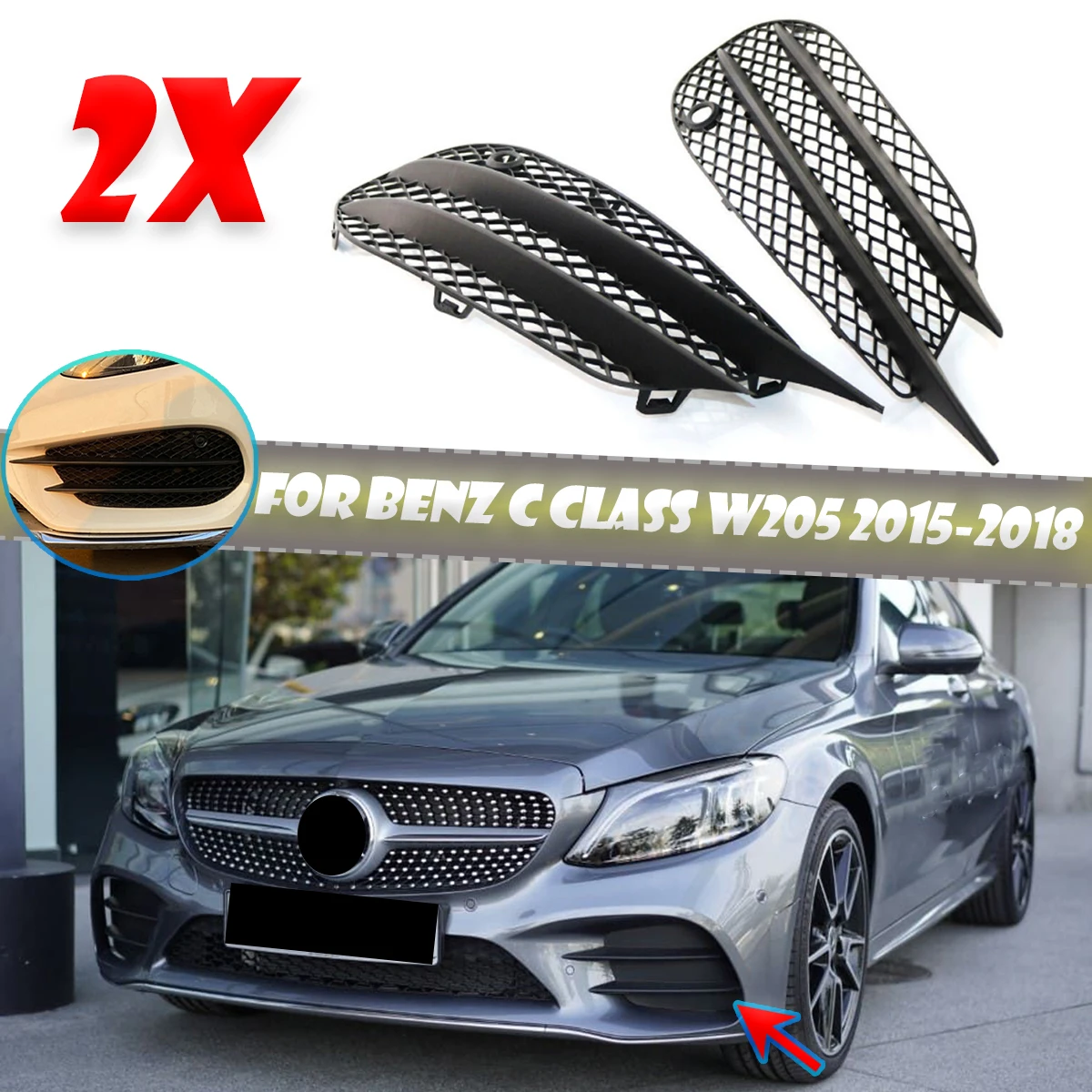 

For Mercedes Benz C Class W205 C43 AMG C180 C200 15-18 Front fog lamps cover grille slats lights Sticker decoration strips