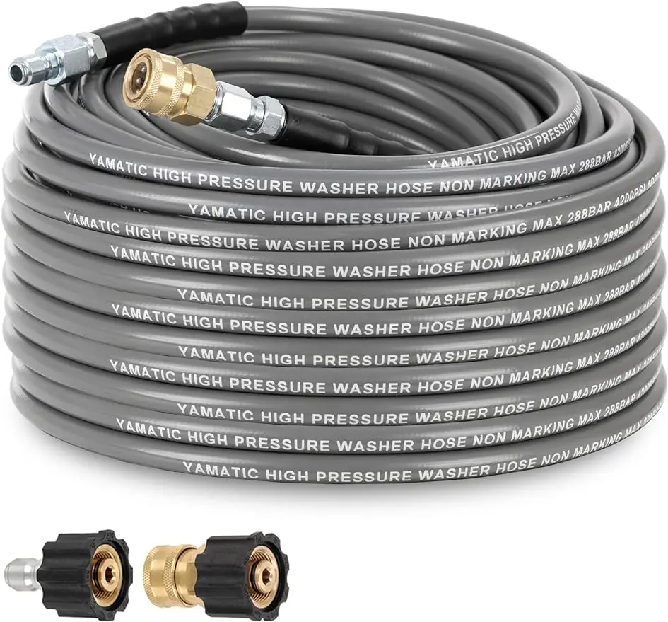 

YAMATIC Non Marking 1/4" 4200 PSI Pressure Washer Hose 50 FT for Hot/Cold Water Rubber Wire Braided Kink Free Swivel 3/8"
