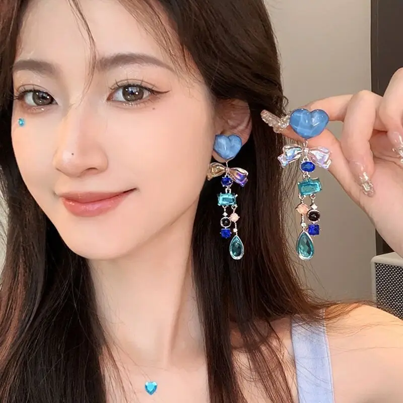 

Bow Tassel Earrings For Women Blue Long Dangle Eardrop Birthday Gift Lovely Jewelry