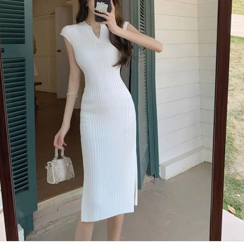 

Summer New Style Waist Wrapped Solid Vintagv Collar Pit Knitted Dress Women's Patchwork Sleeveless Length Split Hip Wrap Dresses