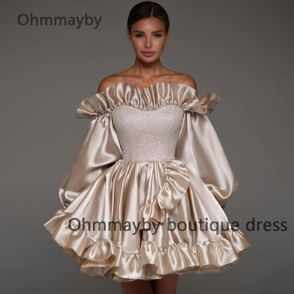 

Champagne Sequins Short Homecoming Prom Dress with Sleeve Pleats Satin Strapless Evening Party Dress 2024 Lace Up Back