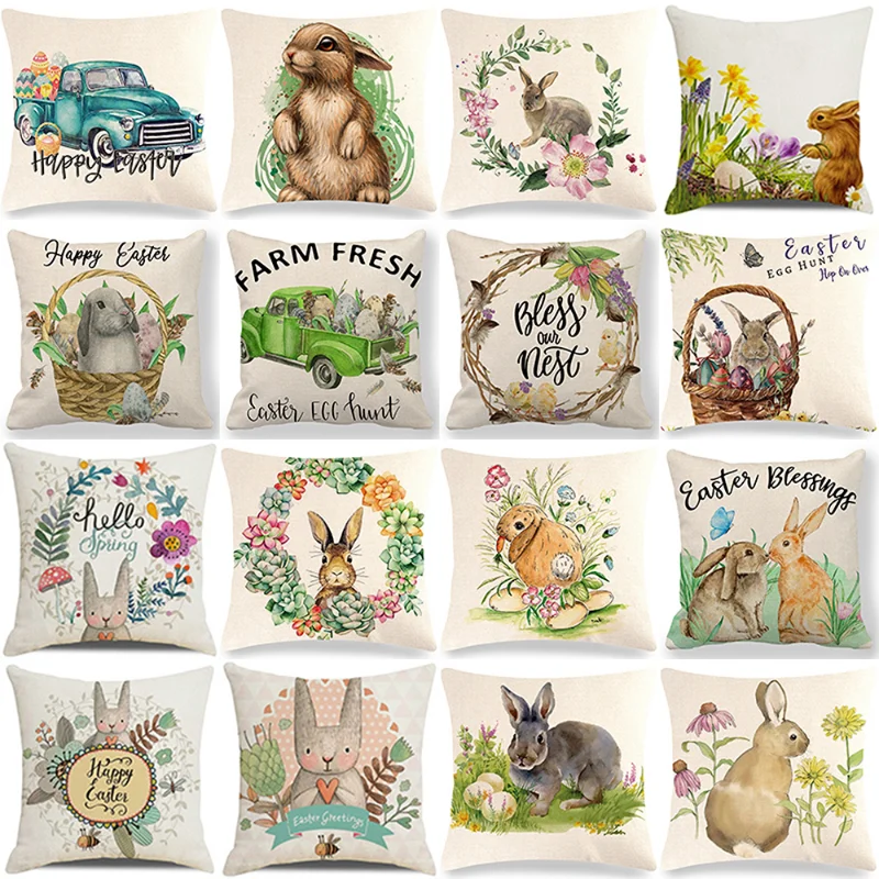 

Happy Easter Throw Pillow Cover 40x40cm Bunny Easter Eggs Cushion Cover Living Room Sofa Decor Cushion Cover Rabbits Pillowcases