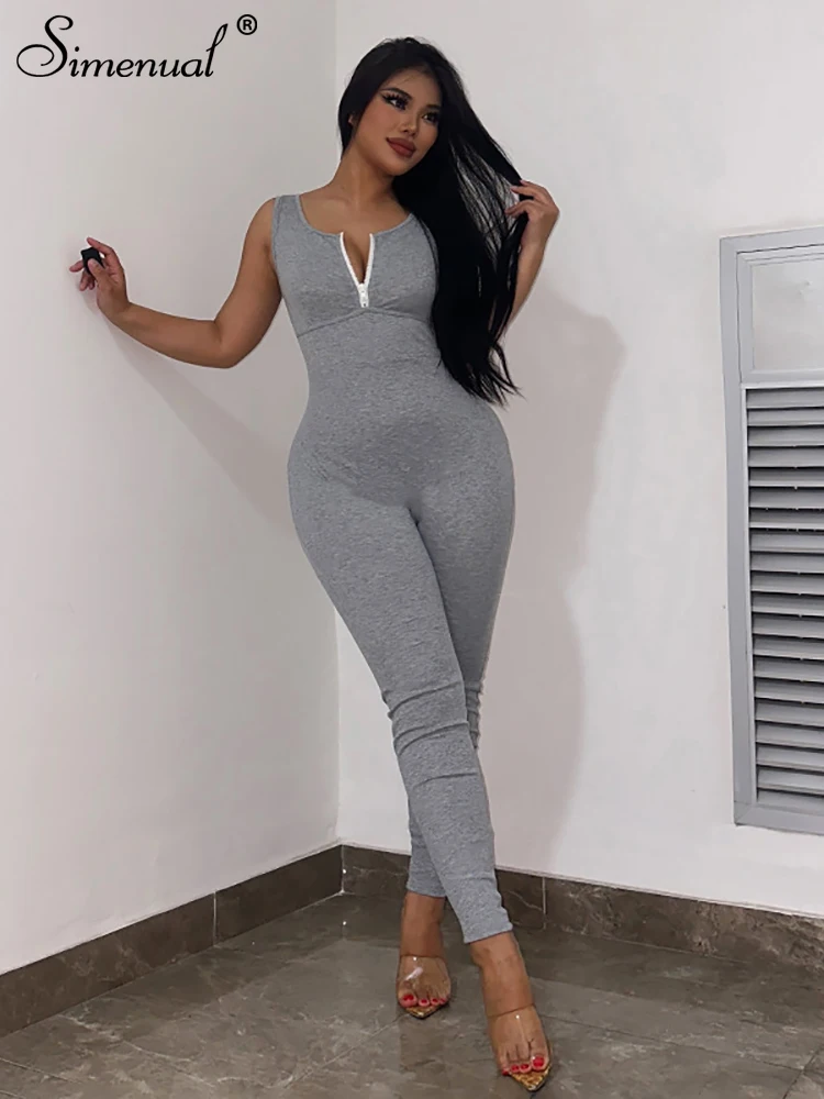 Simenual Sexy Backless Sleeveless Jumpsuit Women V-neck Zipper Grey Bodycon Overalls One Piece Summer Workout Streetwear Outfits
Simenual Sexy Backless Sleeveless Jumpsuit Women V-neck Zipper Grey Bodycon Overalls One Piece Summer Workout Streetwear Outfits