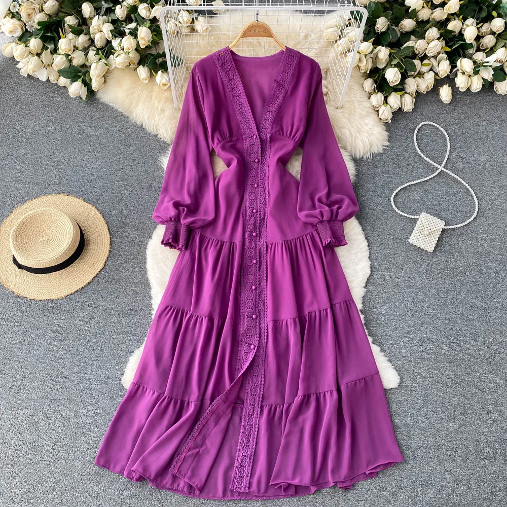 Women's Chic Lantern Sleeve V Neck Long Dress Spring Autumn Holiday Party Dress Lady Elegant Solid Color Lace Vestidos
Women's Chic Lantern Sleeve V Neck Long Dress Spring Autumn Holiday Party Dress Lady Elegant Solid Color Lace Vestidos