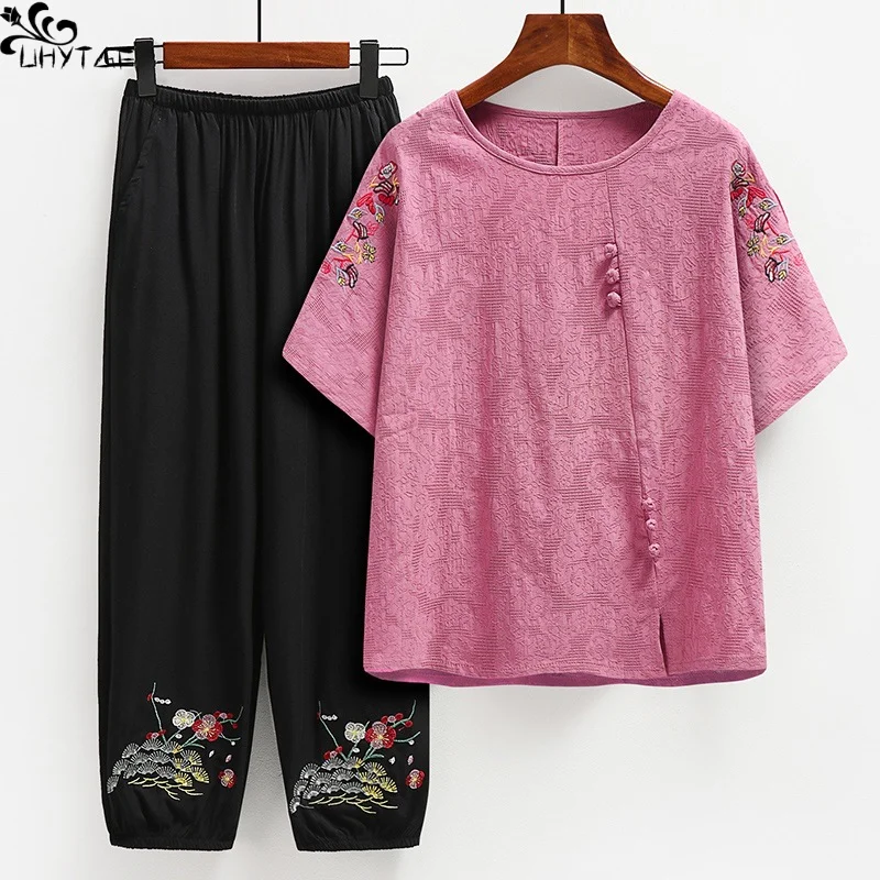 

UHYTGF Middle-Aged Elderly Two-Piece Sets Women Summer Loose Embroidery Mid-Sleeve T-Shirt Seven Points Pants Thin Mom Pants Set