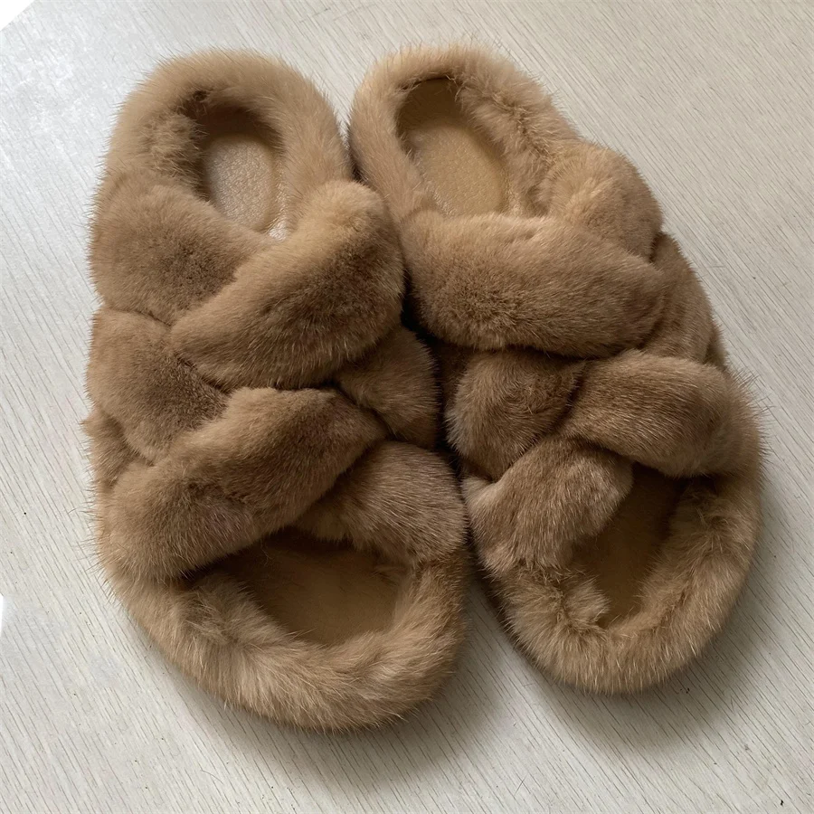 

Women's Sandals Summer 2024 Real Mink Upper With Sheepskin Sole Flat Slides Slippers Fashionable Outdoor Casual Furry Slippers