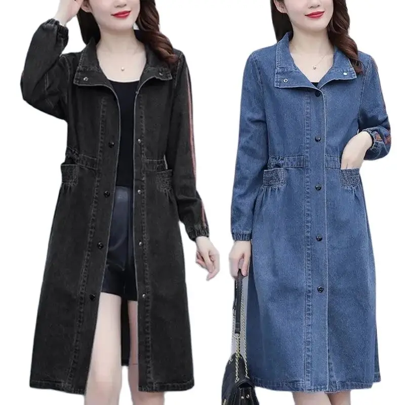 

2023 New Spring Autumn Lady long Denim Trench Coat Fashionable Waist Slim Jean Jacket Womens Clothing Single-Breasted Outerwear