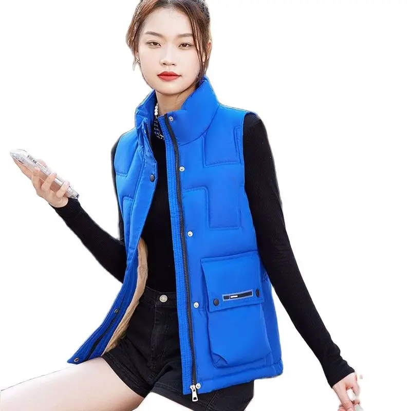 

Autumn Winter Women Short Add Velvet Jacket Down Cotton Vest Sleeveless Stand Collar Add Thick Keep Warm Vest Coat Lady Tops