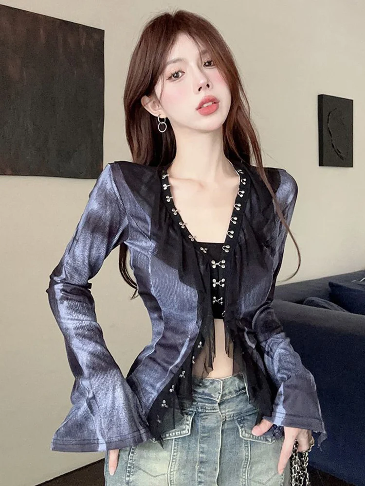

Zoki Sexy Cropped Mesh Patchwork Blouse Women V Neck Flare Sleeve Y2K Shirt Vintage Korean Slim Design Streetwear Female Tops