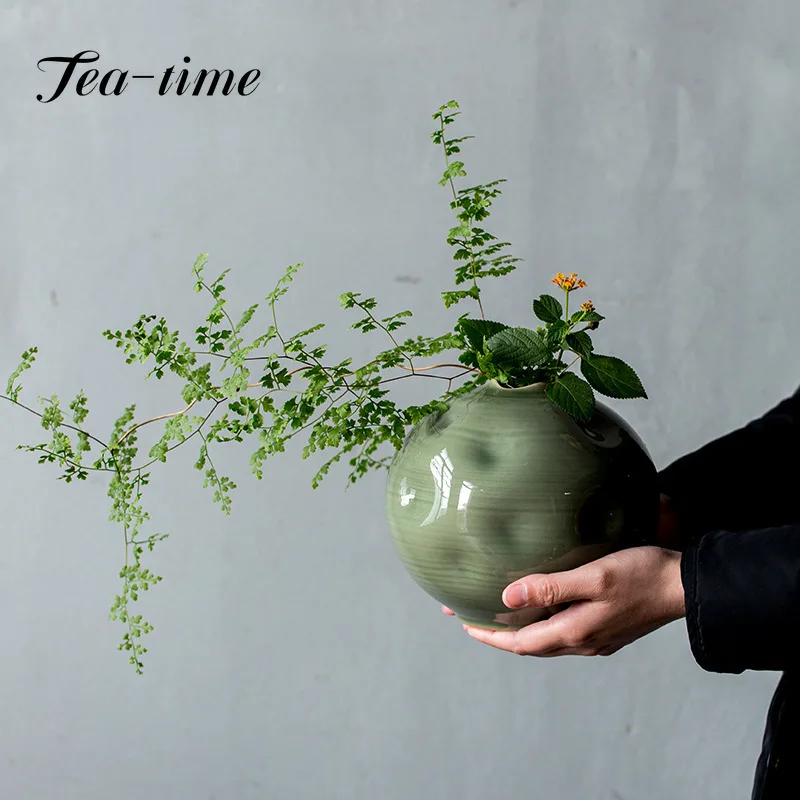 

Minimalist Yue Kiln Celadon Vase Handmade Irregular Ceramic Large Round Flower Basket Arrangement Living Tea Room Decorations