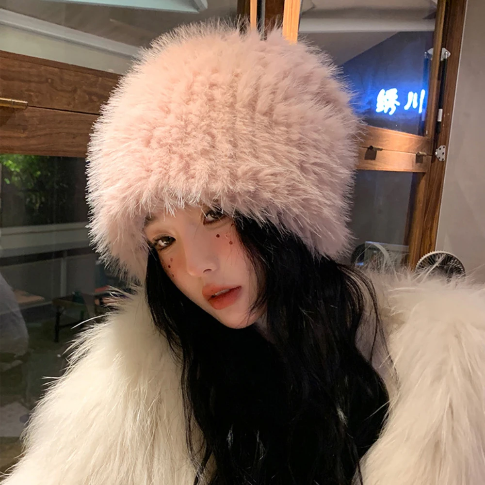 

HT4267 Cute Fluffy Fur Hat for Women Thick Warm Winter Beanie Hat Ladies Slouchy Knitted Hat Female Solid Plain Skullies Beanies