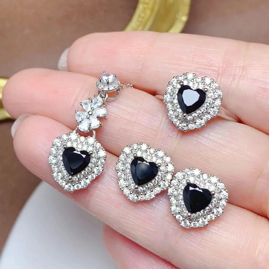 

Solid 925 Silver Natural Black Spinel Jewelry Set for Party 6mm Total 2.4ct Spinel Ring Earrings and Pendant