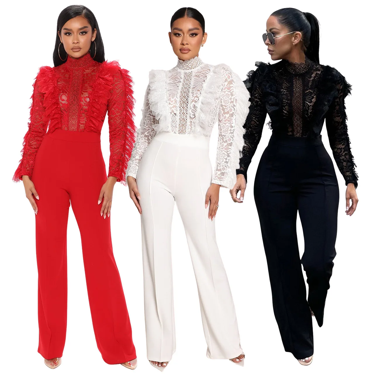 

Sexy Perspective Women's Jumpsuit Lace Tassel Long Sleeve Overalls Streetwear Office Regular Fit Romper Party Prom Jumpsuits