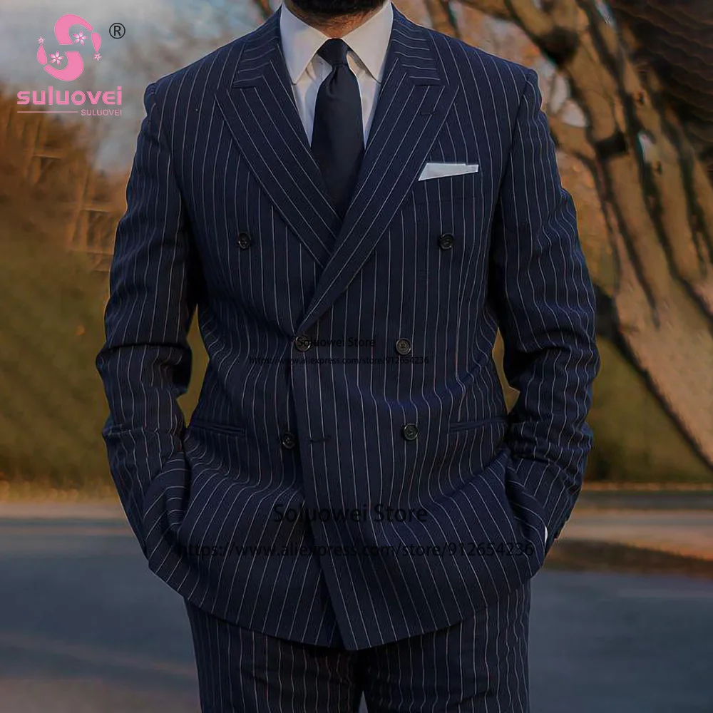 Fashion Stripe Double Breasted Tuxedos For Groom Wedding 2 Piece Jacket Pants Set Male Blazer Formal Peaked Lapel Suits For Men
Fashion Stripe Double Breasted Tuxedos For Groom Wedding 2 Piece Jacket Pants Set Male Blazer Formal Peaked Lapel Suits For Men