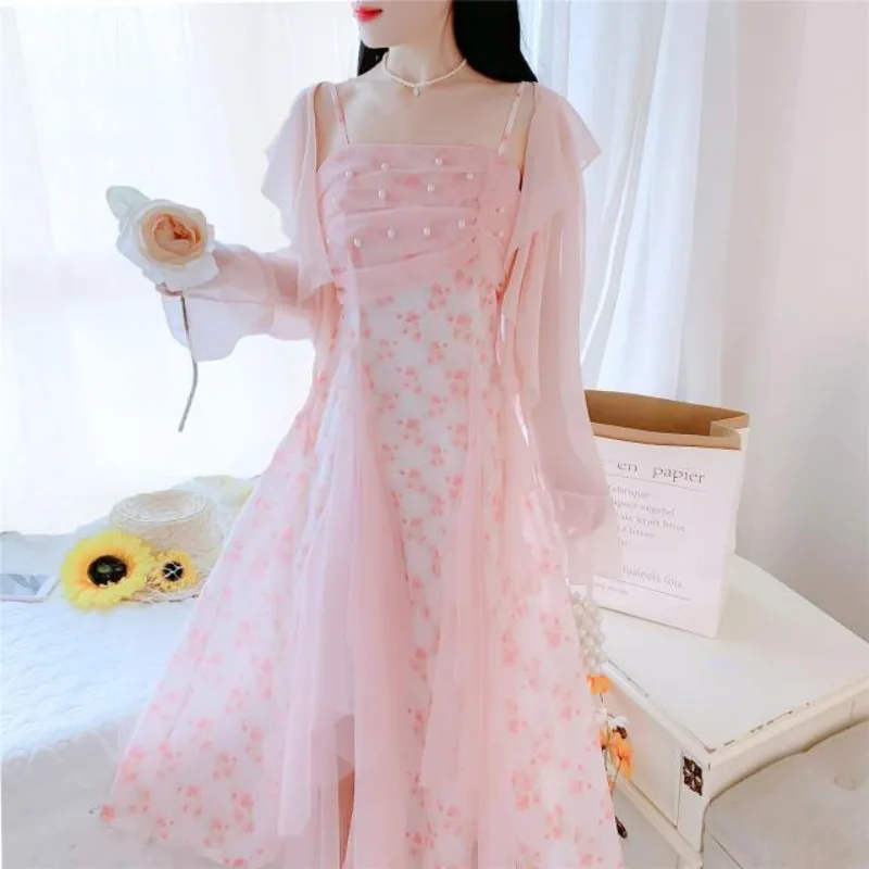 

Floral Midi Dress with 3D Decorations, Beading and Romantic Pink Color for 2024 Summer, 2 Pieces of Lovely and Elegant Dress Set
