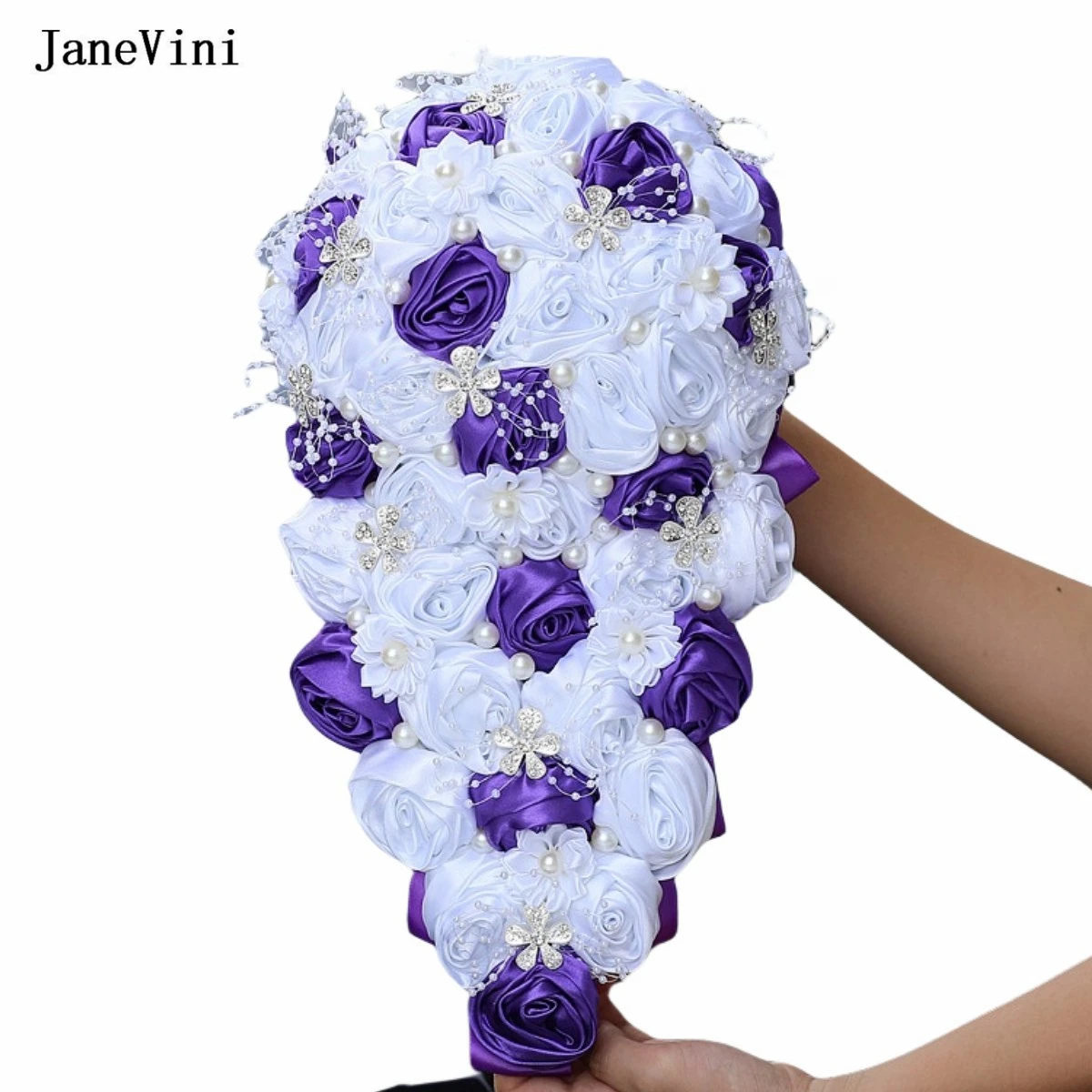 

JaneVini New Purple White Ribbon Flowers Cascading Bridal Bouquets Pearls Beaded Artificial Waterfall Wedding Bouquet for Bride