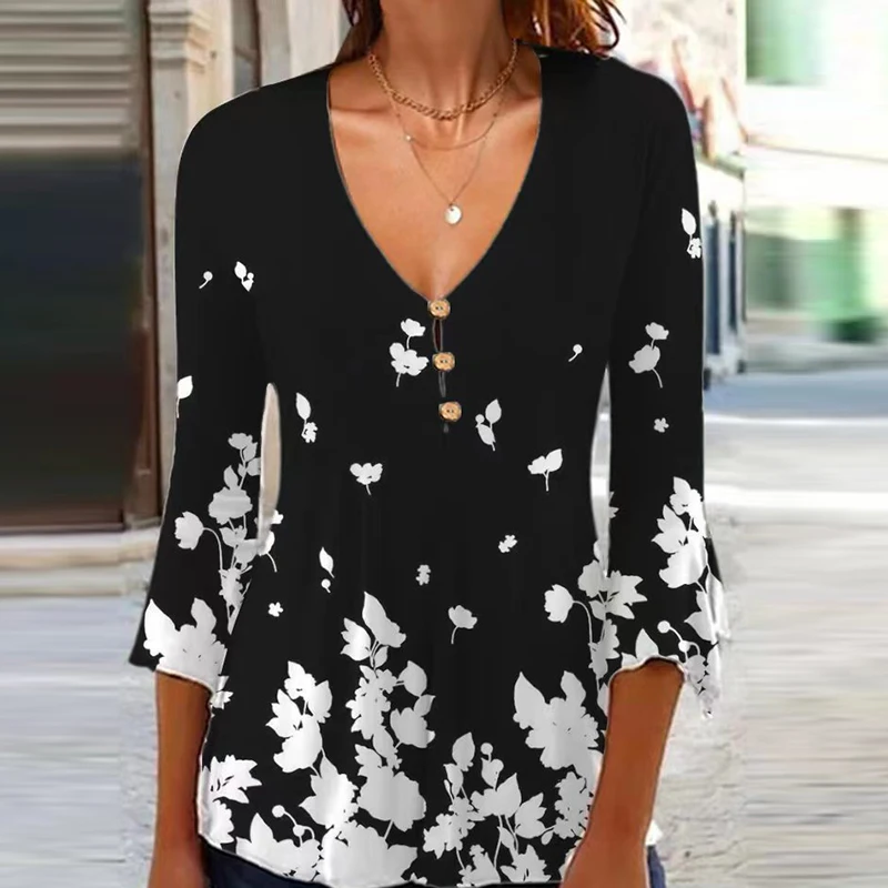 Women's T-Shirt Fashion V-Neck Button Three Quarter Sleeve Tee Floral Printed Black Slim Elegant Office Shirt Female Clothing
Women's T-Shirt Fashion V-Neck Button Three Quarter Sleeve Tee Floral Printed Black Slim Elegant Office Shirt Female Clothing