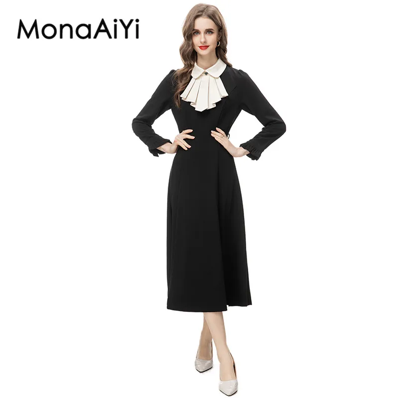 

MonaAiYi New Fashion Runway Designer Women's Lapel Collar Party Long Sleeved Black Retro Detachable Waistband Midi Dresses