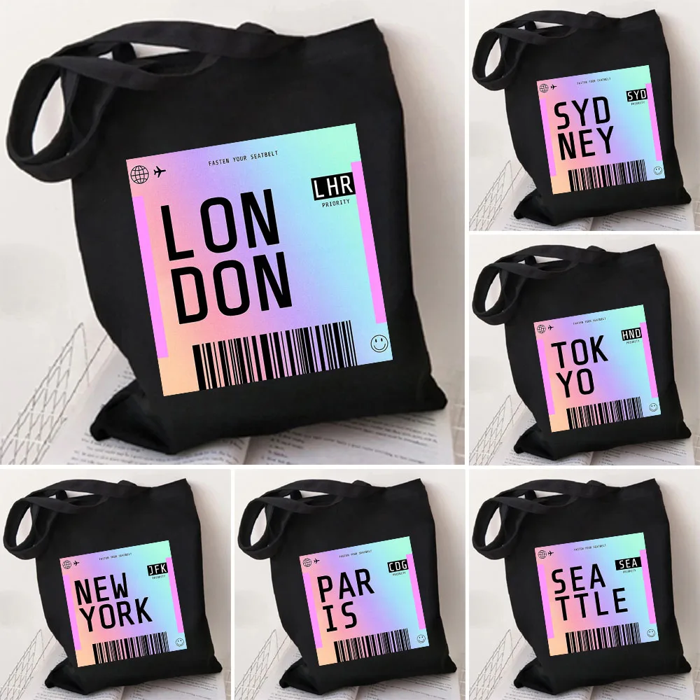 

Paris New York Tokyo London Miami Boarding Pass Cute Women Canvas Shoulder Handbag Tote Eco Reusable Cotton Cartoon Shopping Bag