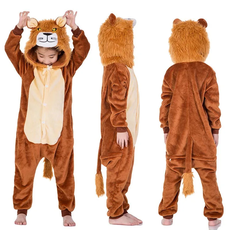 

Новогодние карнавальные кигуруми, костюм тигра, Льва, комбинезон с капюшоном для взрослых и детей, фланелевые пижамы с животными для мальчиков, одежда для сна