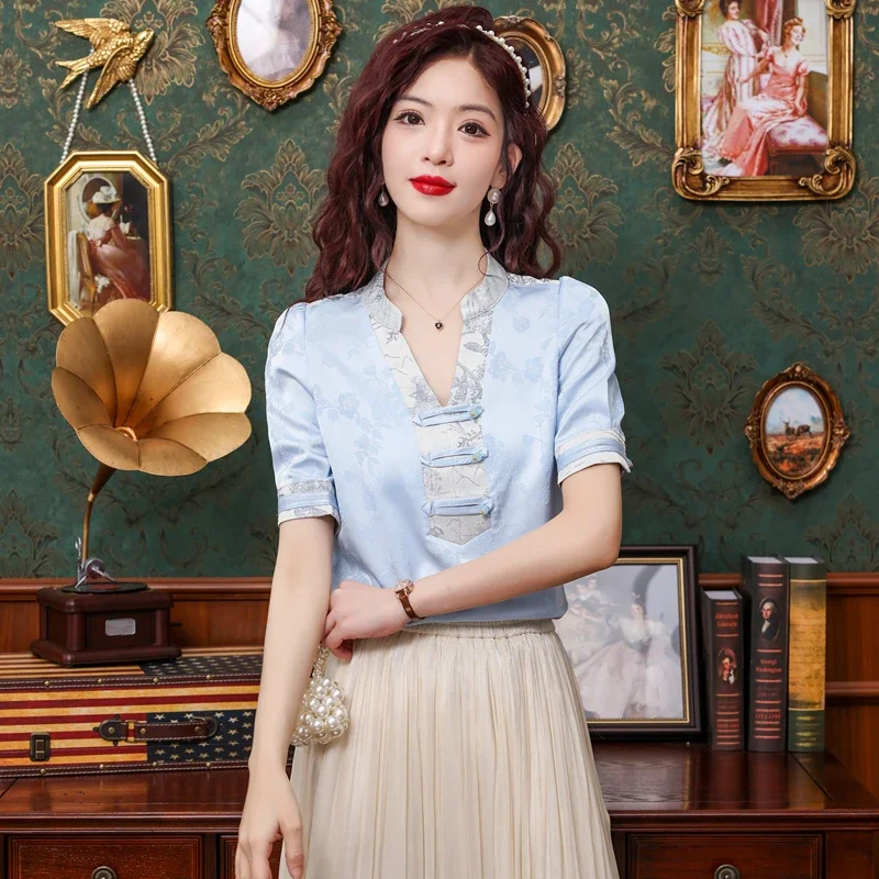 

Женская атласная рубашка в китайском стиле, Летняя шелковая винтажная блузка, свободные женские топы с коротким рукавом и V-образным вырезом, модная одежда YCMYUNYAN