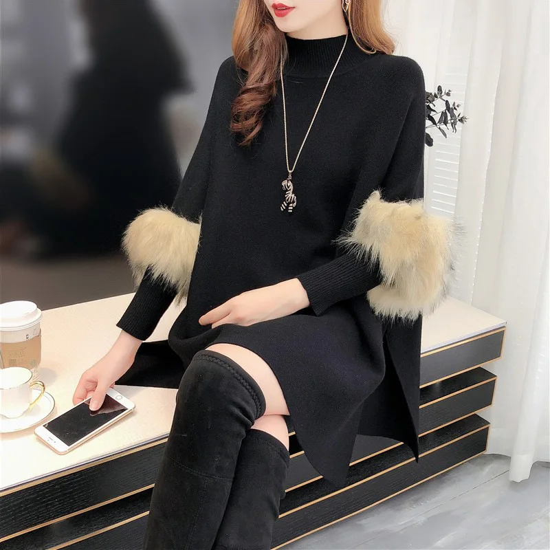 

6 Style Women High Neck Crystal Loose Poncho Cape Long Pullover Knitwear Autumn Knitted Faux Fur Batwing Sleeves Sweater Knits