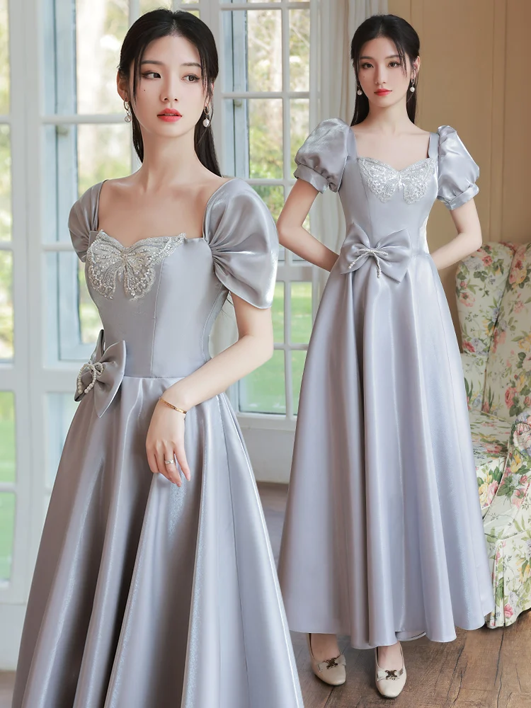 Fashion Satin Bridesmaid Dress Women Gray Square Collar Short Sleeve A-Line Sister Party Dresses Classic Back Lace-Up Ball Gown
Fashion Satin Bridesmaid Dress Women Gray Square Collar Short Sleeve A-Line Sister Party Dresses Classic Back Lace-Up Ball Gown