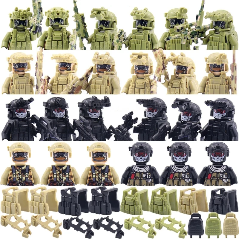 

Лидер продаж, конструктор в стиле милитари, фигурки солдат спецназа призрака, бандиты, аксессуары, пистолет, рюкзак, жилеты, ремни, оружие, детская игрушка