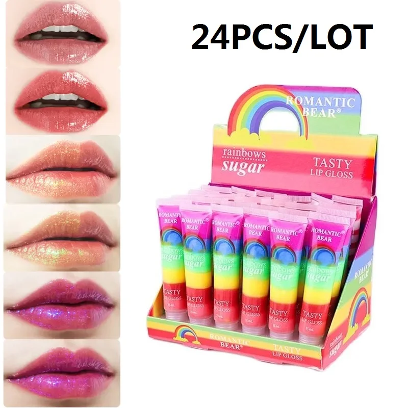 

24Pcs/Lot Rainbow Sugar Lip Gloss Glitter Lip Oil Makeup Sexy Cute Shiny Liquid Lipstick Moisturizing Lip Care Make Up Wholesale