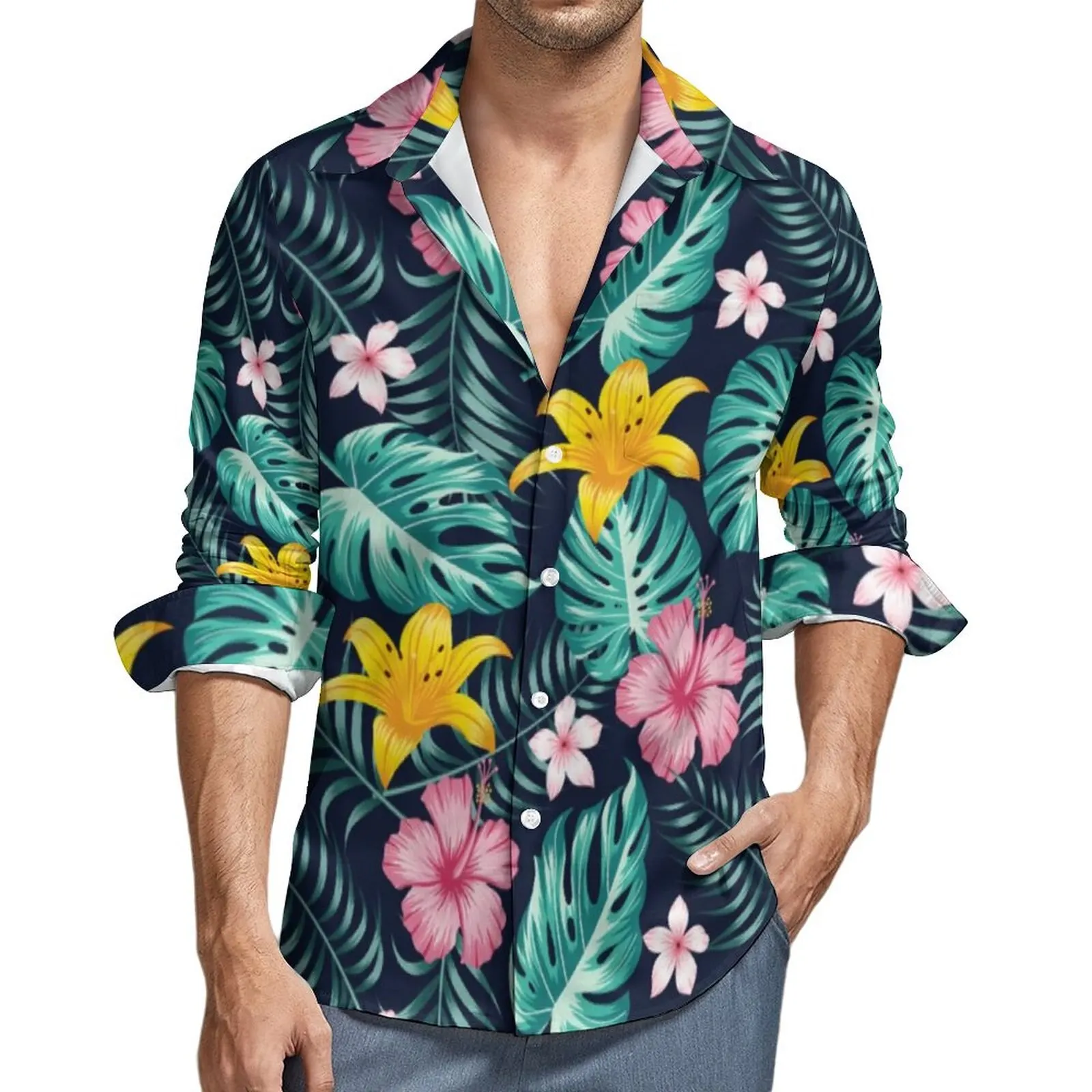 

CLOOCL Men's Hawaiian Shirt Monstera Weed Pattern Printed Button Shirts Long Sleeve Casual Male Floral Blouse Tops