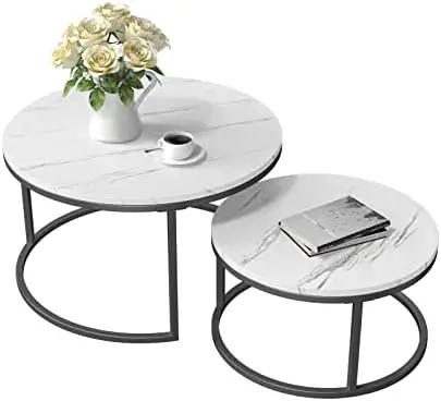 Round Nesting Coffee Table, Set of 2 Modern Coffee Table with Faux Marble Top, Black Metal Frame White Nesting Table for Living
Round Nesting Coffee Table, Set of 2 Modern Coffee Table with Faux Marble Top, Black Metal Frame White Nesting Table for Living