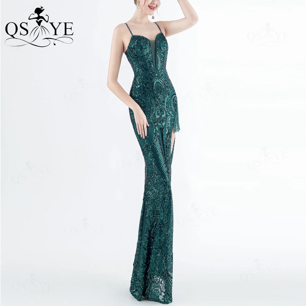 

Luxury Emerald Evening Dresses Beading Open Split Green Sequined Long Mermaid Prom Gown Glitter Sexy Pattern Lace Party DressNew