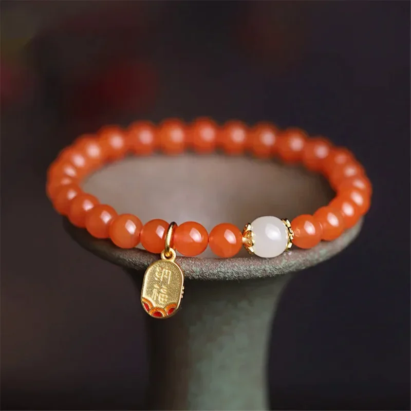 

Natural 8mm Cherry Red South Red Agate Bracelet Hetian Jade Buddha Bead Lucky Pendant Women Romantic Charm Jewelry Wholesale