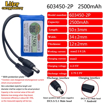 소형 마이크로 컨트롤러 지능형 잠금 LED 램프 전원 공급 장치, 2500mah 부스터 배터리, 4.8V Lipo 배터리, 5V 2A 603450-2P