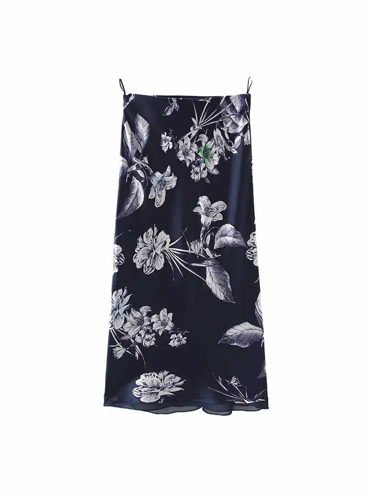 

Women New Chic Fashion Flower print decoration Satin texture Midi Skirt Vintage High Waist With Lining Female Skirts Mujer