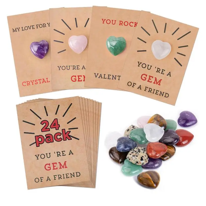 

24 pack Valentine's Day Greeting Card Handmade Exchange Cards Colorful Valentines Cards Set With Heart Shape Stones Gift