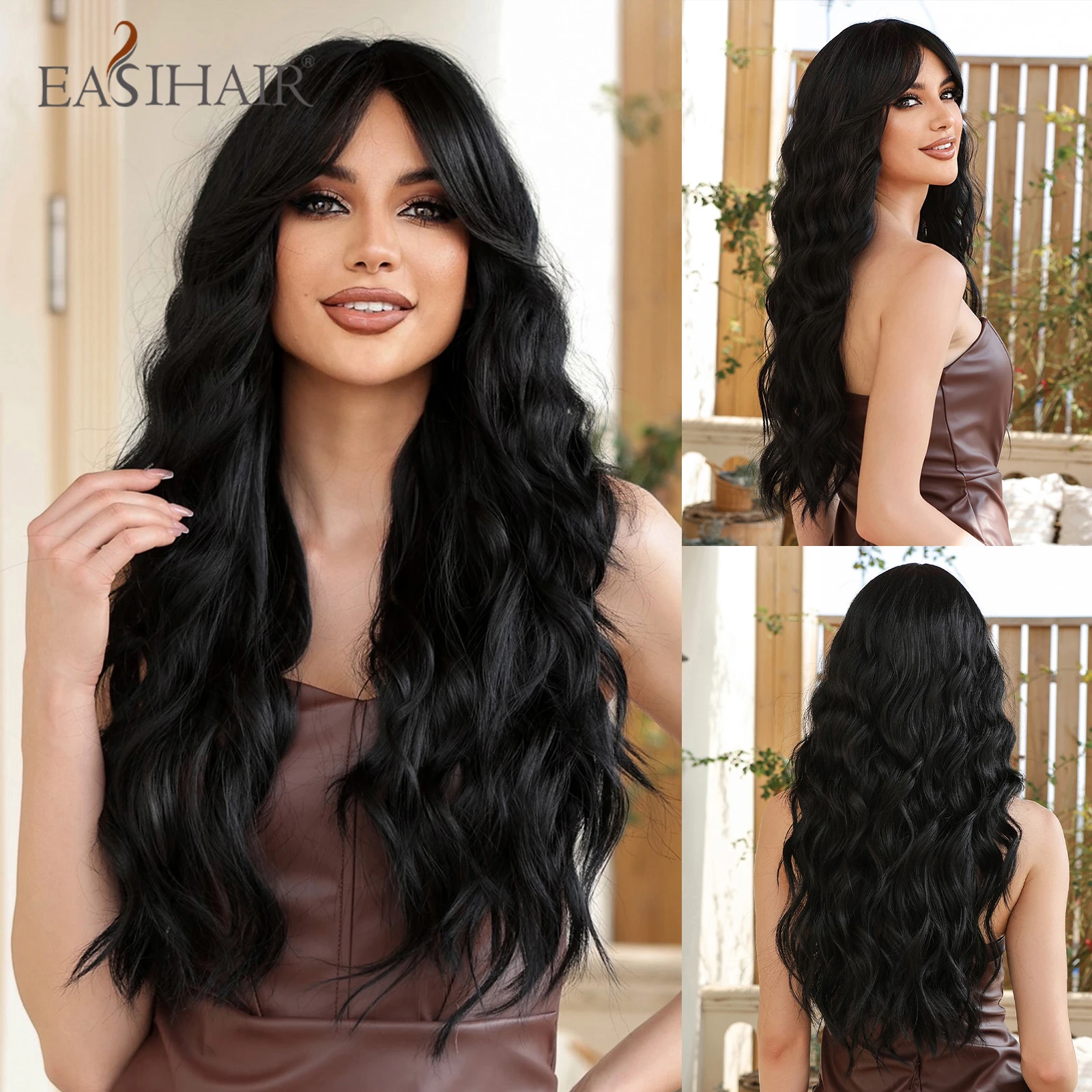 

EASIHAIR Black Long Curly Wave Synthetic Wigs with Long Bang for Afro Women Daily Cosplay Party Natural Heat Resistant Fake Hair