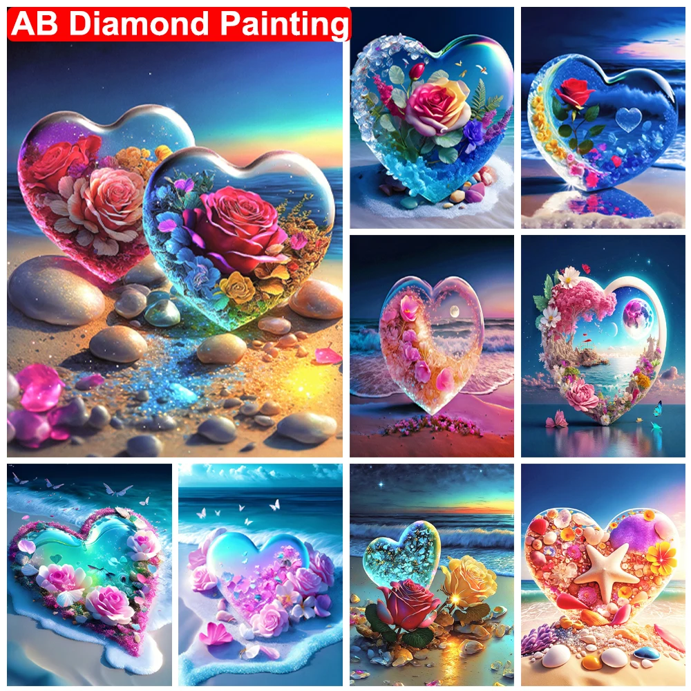 

Алмазная живопись AB с любовным сердцем 5D «сделай сам», искусственный Пляжный Пейзаж, мозаичная картина, наборы для вышивки крестиком, подарки для домашнего декора