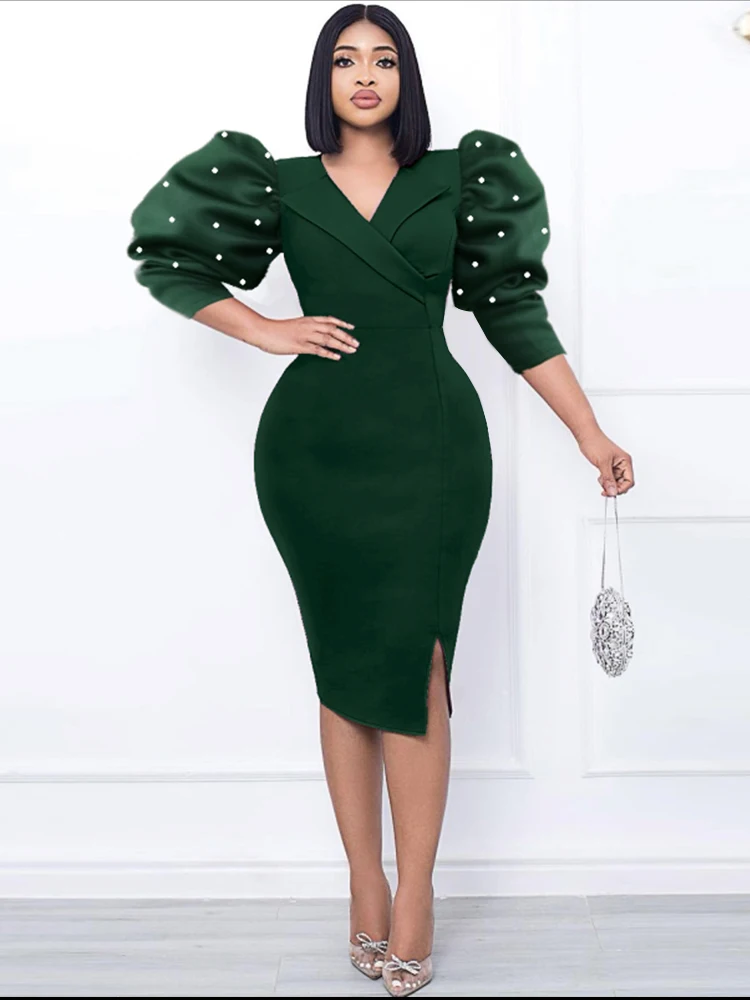

AOMEI V Neck Midi Dresses for Ladies Half Puff Sleeve Dark Green High Waist Bodycon Slit Elegant Office Work Evening Party Gowns