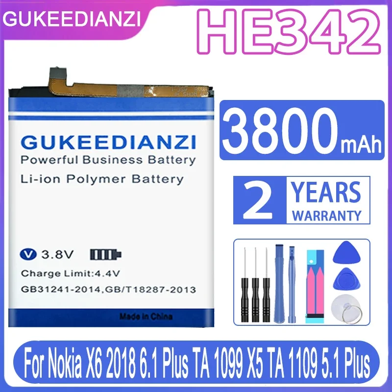 GUKEEDIANZI HE342 HE 342 3800mAh Battery For Nokia X6 2018 6.1 Plus TA 1099 X5 TA 1109 5.1 Plus Batteries + Free Tools
GUKEEDIANZI HE342 HE 342 3800mAh Battery For Nokia X6 2018 6.1 Plus TA 1099 X5 TA 1109 5.1 Plus Batteries + Free Tools