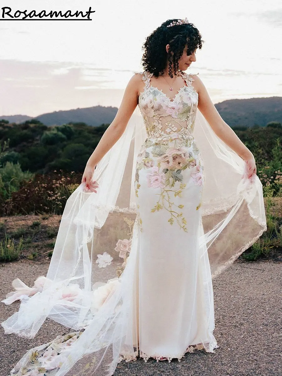 Elegant Spaghetti Straps 3D Flowers Mermaid Wedding Dresses With Cape Floral Embroidery Bridal Gowns
Elegant Spaghetti Straps 3D Flowers Mermaid Wedding Dresses With Cape Floral Embroidery Bridal Gowns