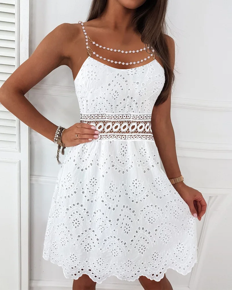 Women Sleeveless O Neck High Waist Solid Color Pearls Decor Eyelet Embroidery Contrast Lace Casual Dress Sexy Mini Dress
Women Sleeveless O Neck High Waist Solid Color Pearls Decor Eyelet Embroidery Contrast Lace Casual Dress Sexy Mini Dress