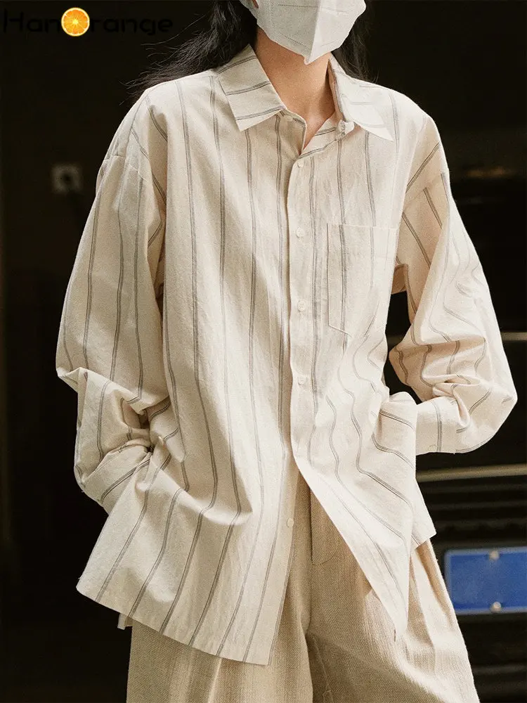

HanOrange 2024 Spring Simple Temperament Stripe Diagonal Button Shirt Women Casual Loose Long Sleeve Top Female